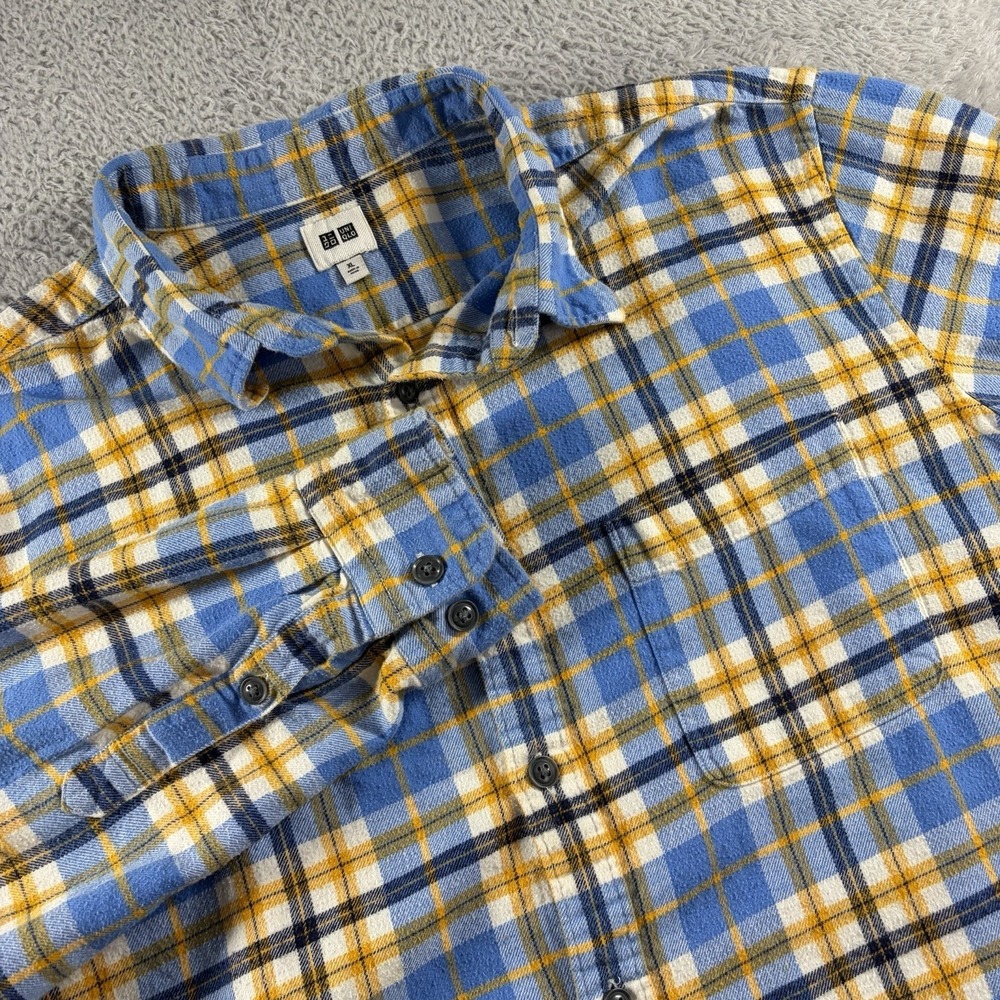 Uniqlo Flannel Shirt Mens XL Blue‎ Yellow Plaid Button Up Long Sleeve Cotton